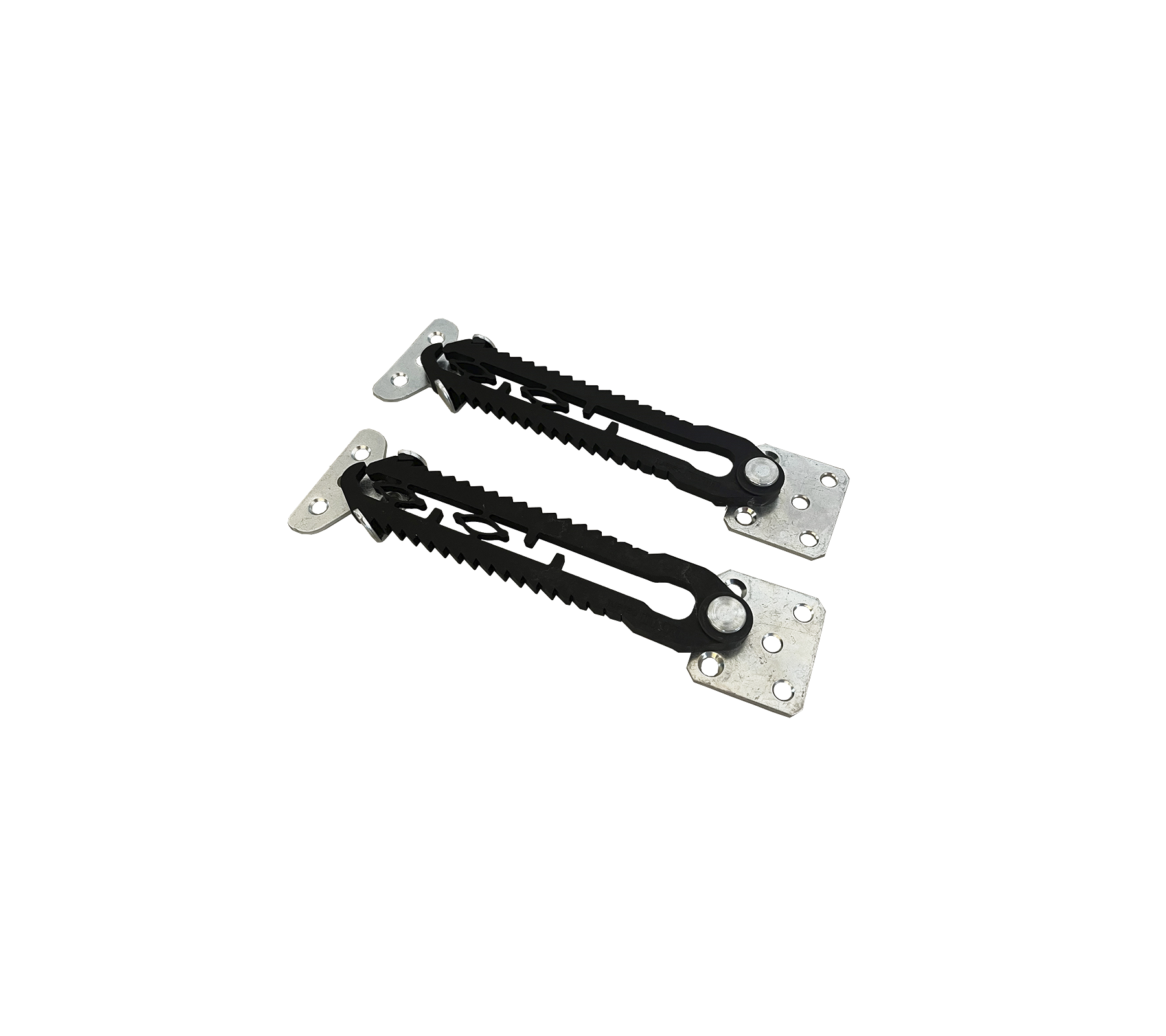 Black and silver adjustable latches, designed for securing and fastening various objects or panels. Suitable for multiple applications.