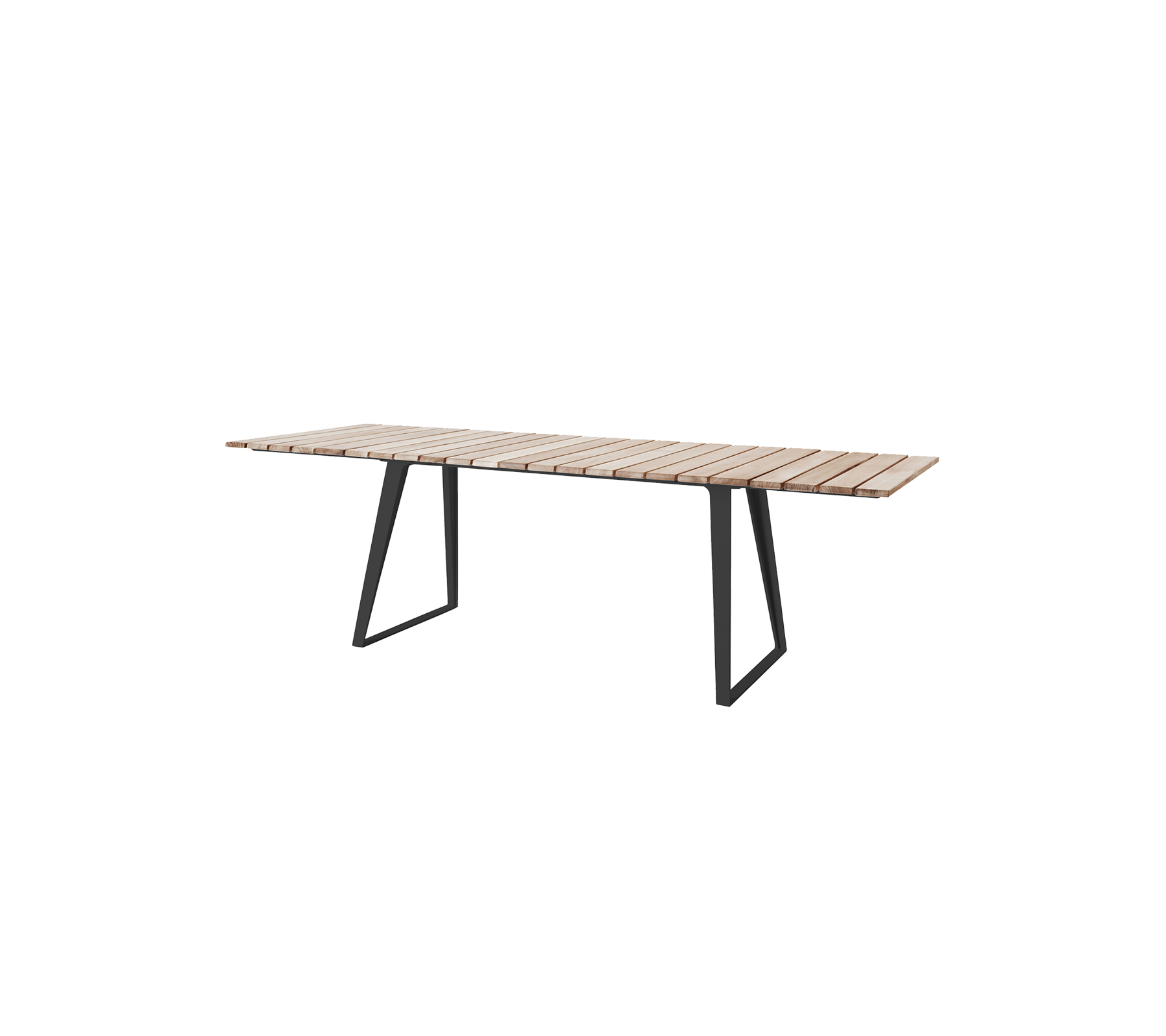 Modern wooden table with a slatted top and sleek metal legs, suitable for various settings and gatherings.