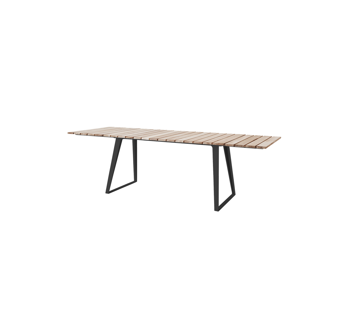 Modern wooden table with a slatted top and sleek metal legs, suitable for various settings and gatherings.