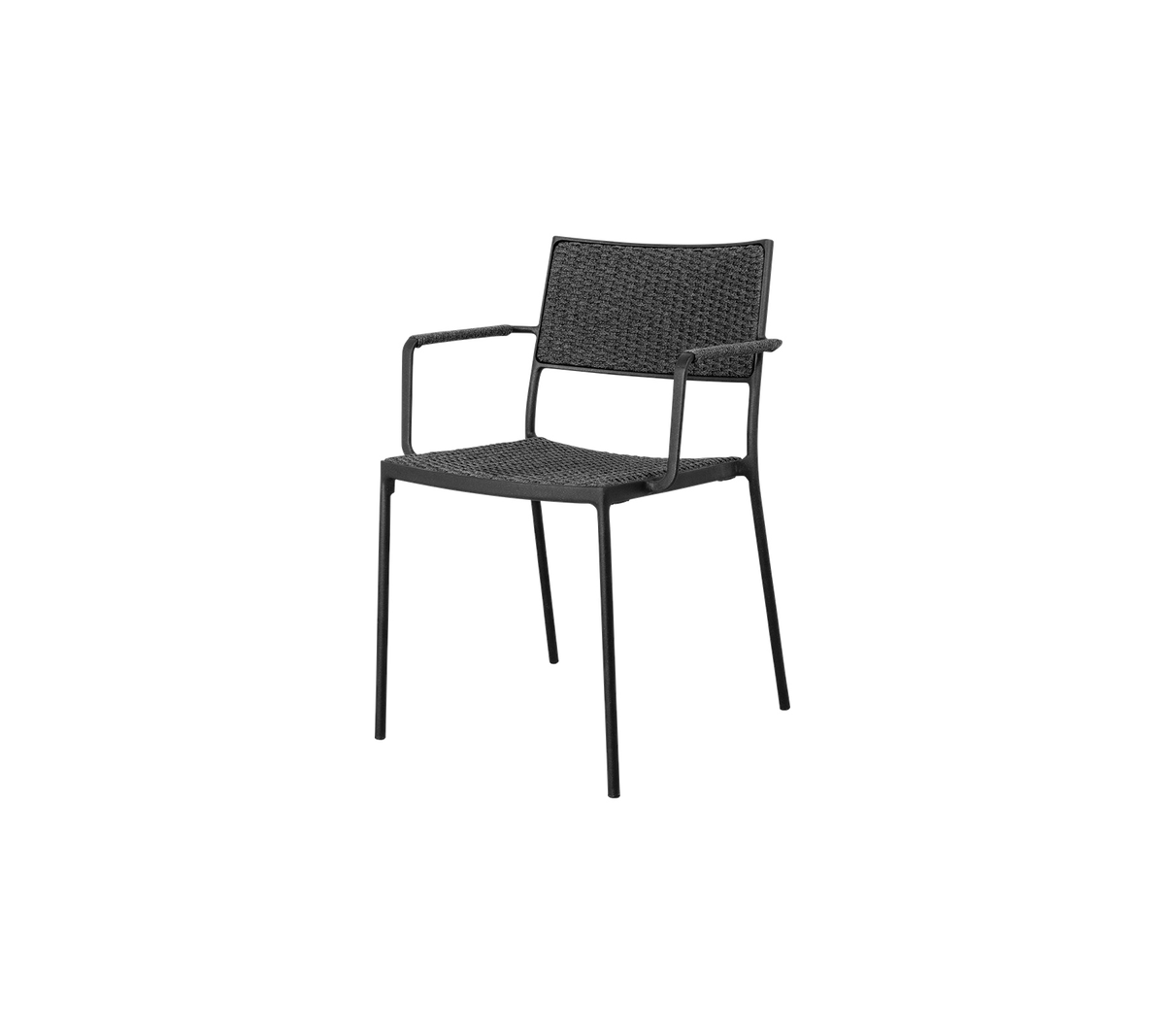 Black woven armchair with a minimalist design, featuring a sturdy frame and comfortable seating for casual or formal settings.