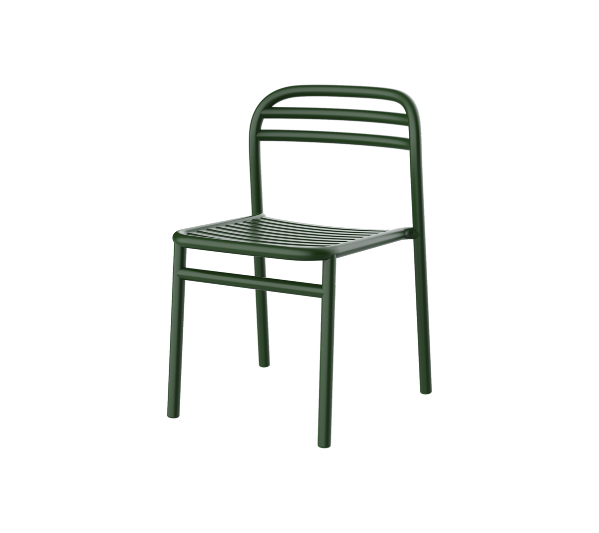 Green metal chair with a simple design, featuring slatted seating and backrest for comfort and style. Perfect for versatile settings.