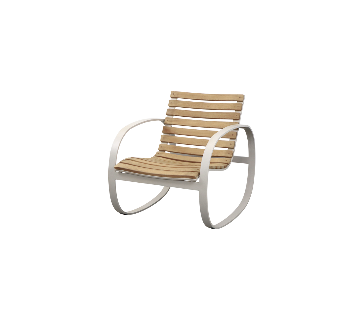 Stylish rocking chair featuring a slatted wooden seat and a sleek, curved metal frame. Ideal for relaxed seating and comfort.
