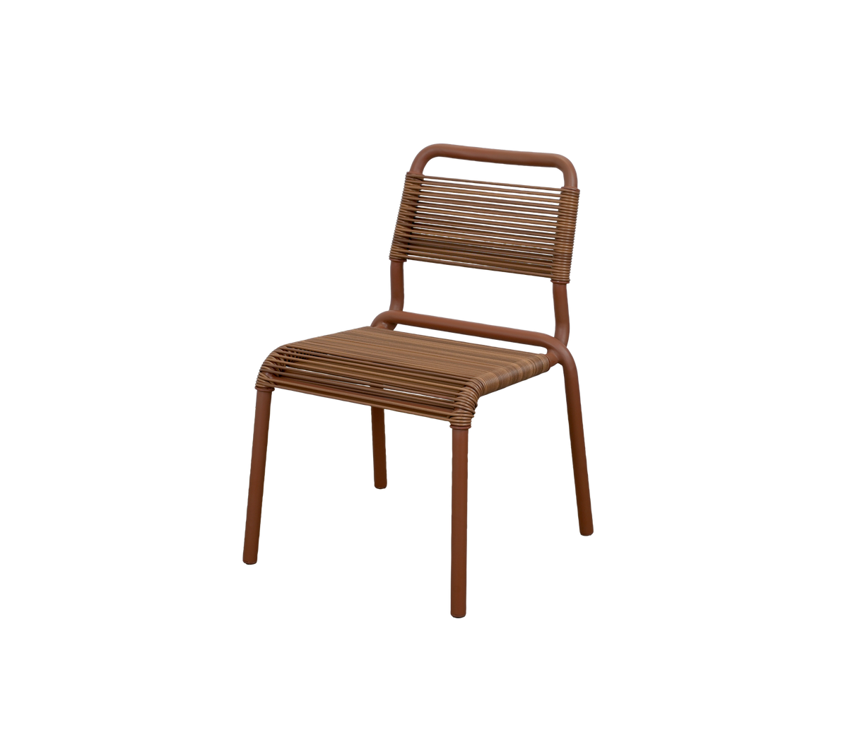 Brown chair with a simple design and slatted backrest.
