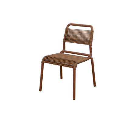 Brown chair with a simple design and slatted backrest.