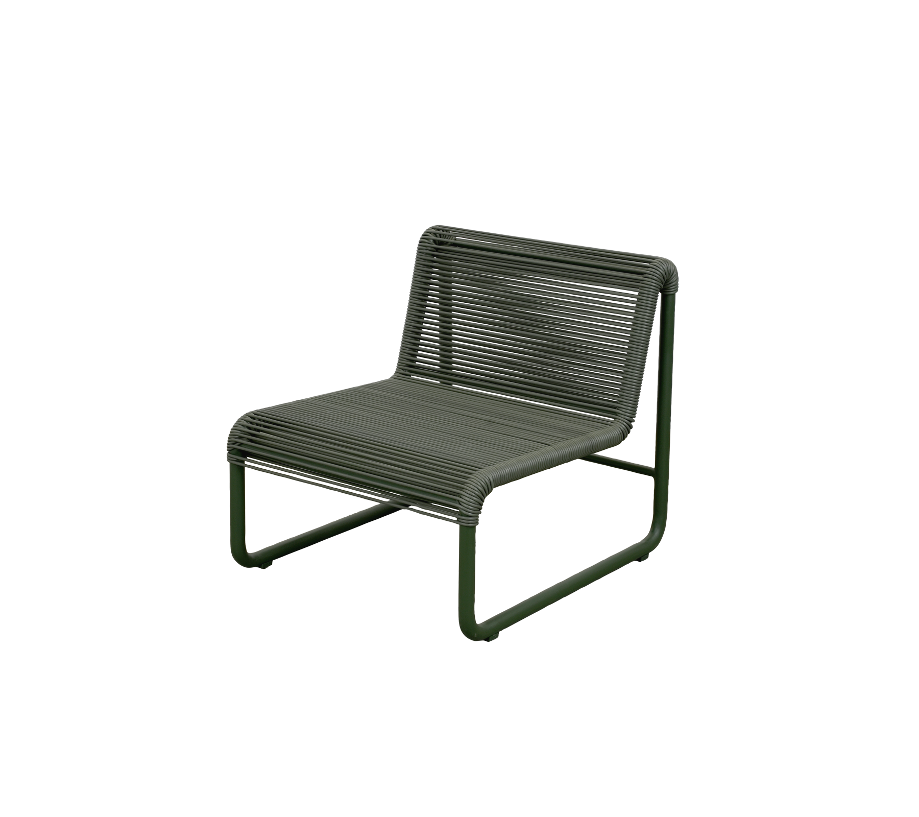 Dark green chair with a distinct ribbed design and metal frame.