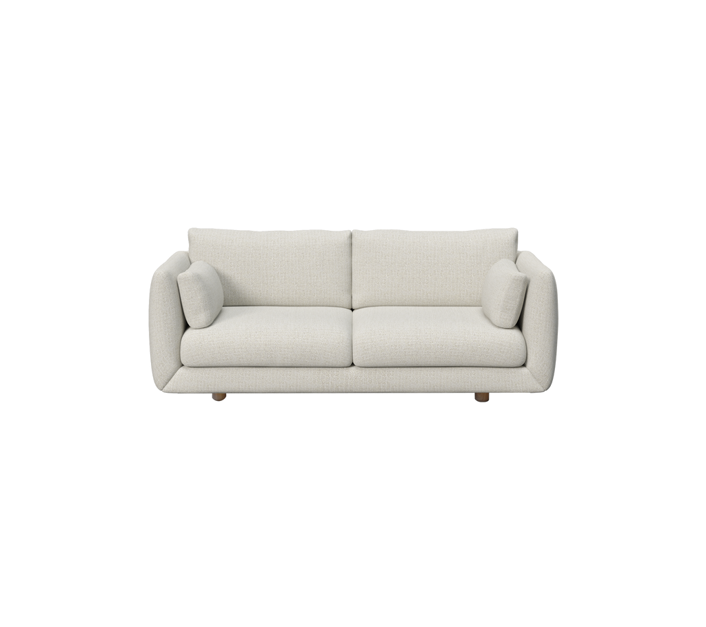 Modern sand sofa with rounded cushions and wooden legs.