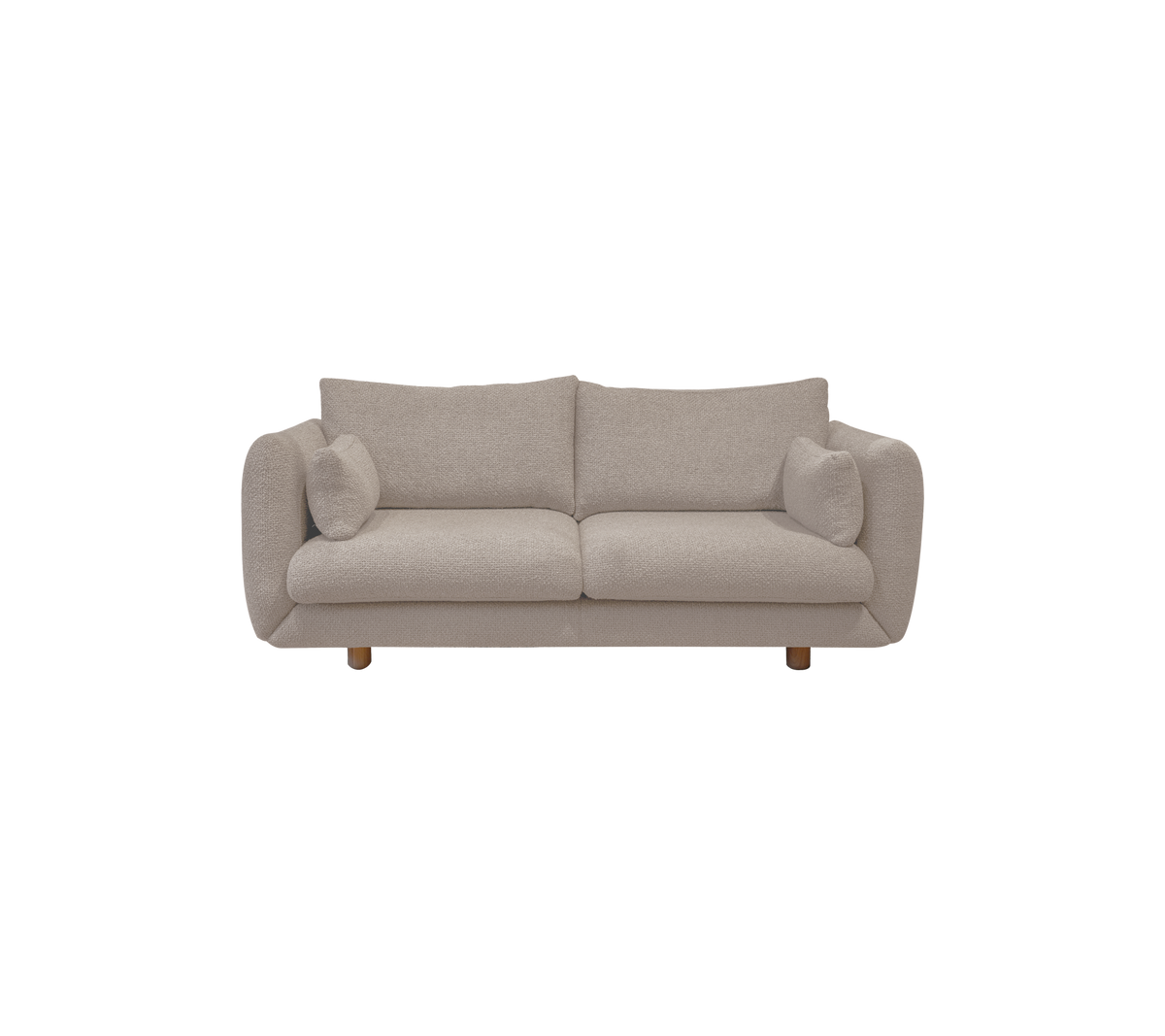 Light brown sofa with round cushions in a modern lounge setting.