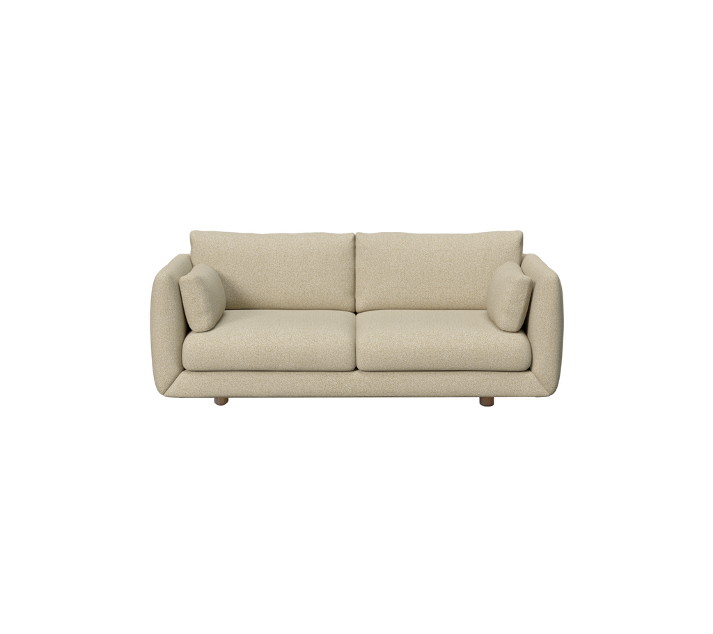 Light brown modern sofa with rounded arms and cushions.
