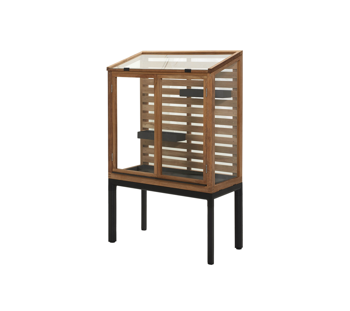 Stylish display cabinet featuring a wooden frame with slatted design and a glass door, ideal for showcasing items.