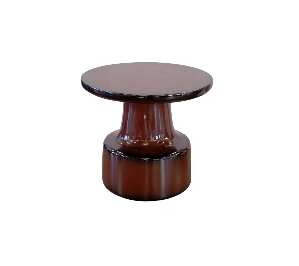 Burgundy table with a round top and cylindrical base.