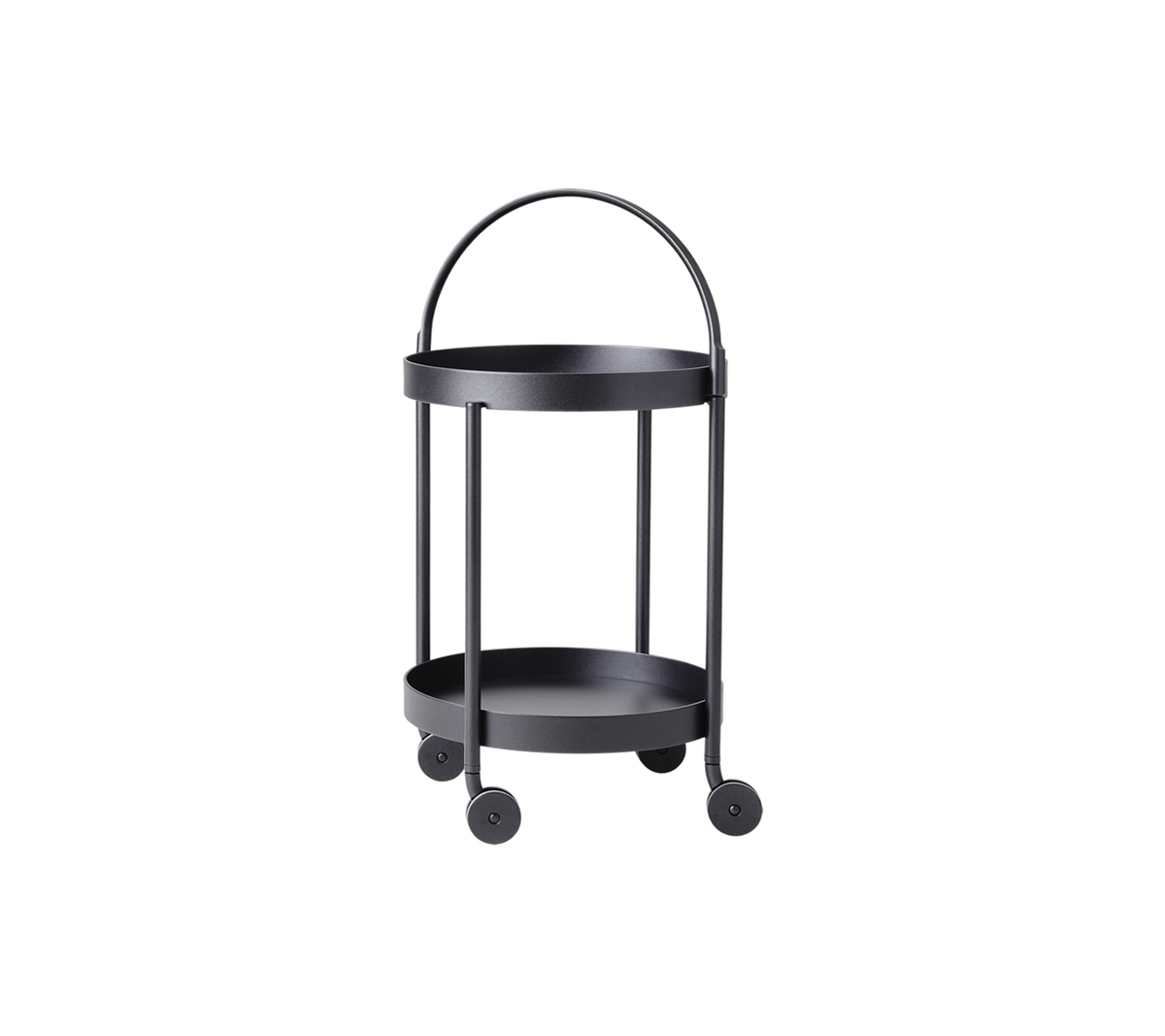 Black two-tiered serving cart on wheels with a curved handle and minimalist design, ideal for versatile storage and display.