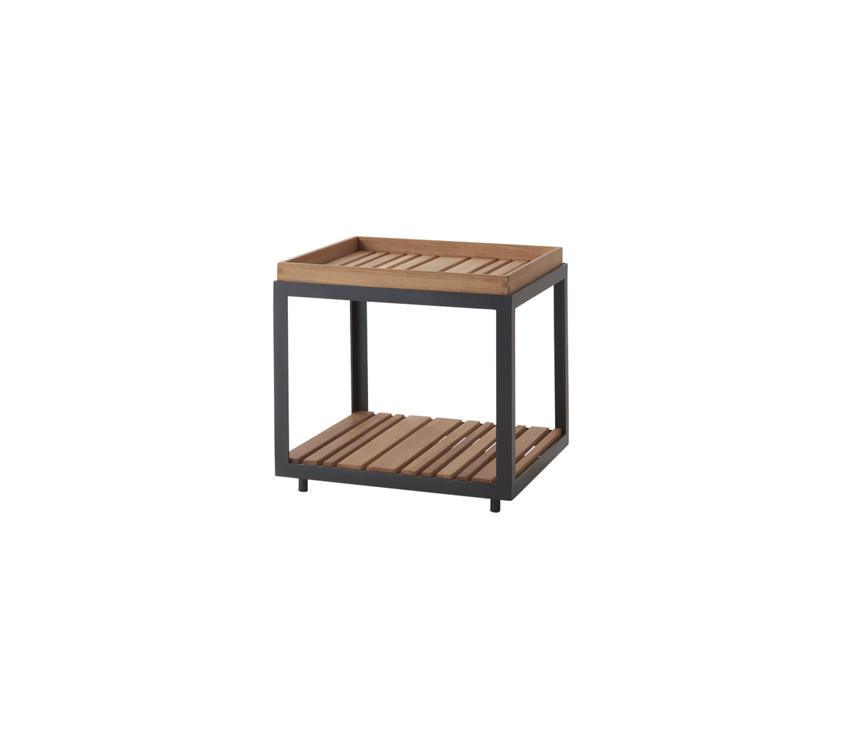 Wooden slat-top side table with a lower shelf, featuring a sturdy frame for versatile storage and display.