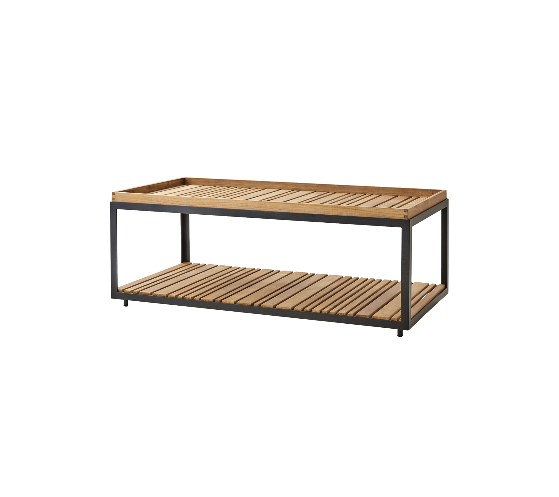 Wooden coffee table with slatted design and metal frame, featuring two levels for storage or display. Ideal for modern living spaces.