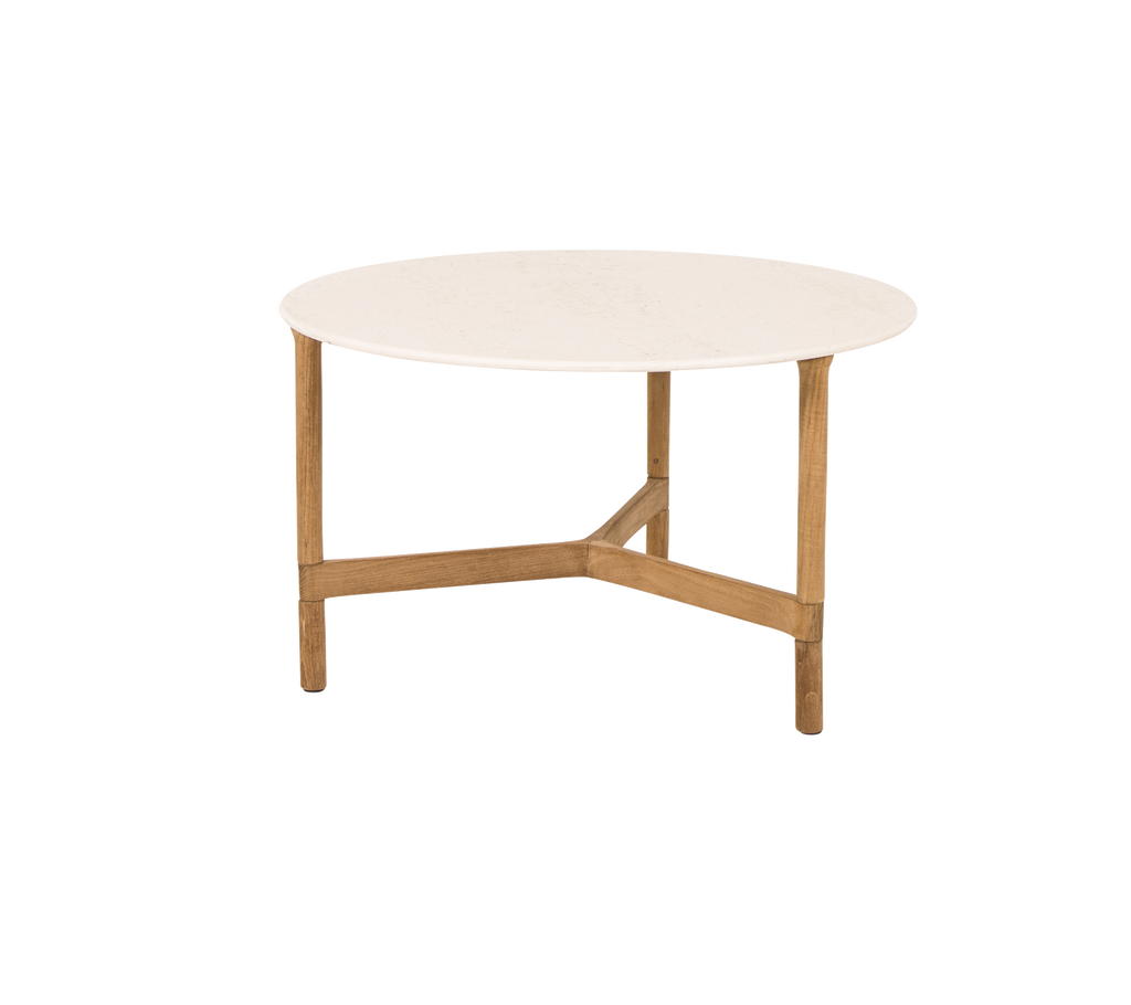 Round coffee table with a smooth white top and light wooden legs, featuring a modern and minimalist design.