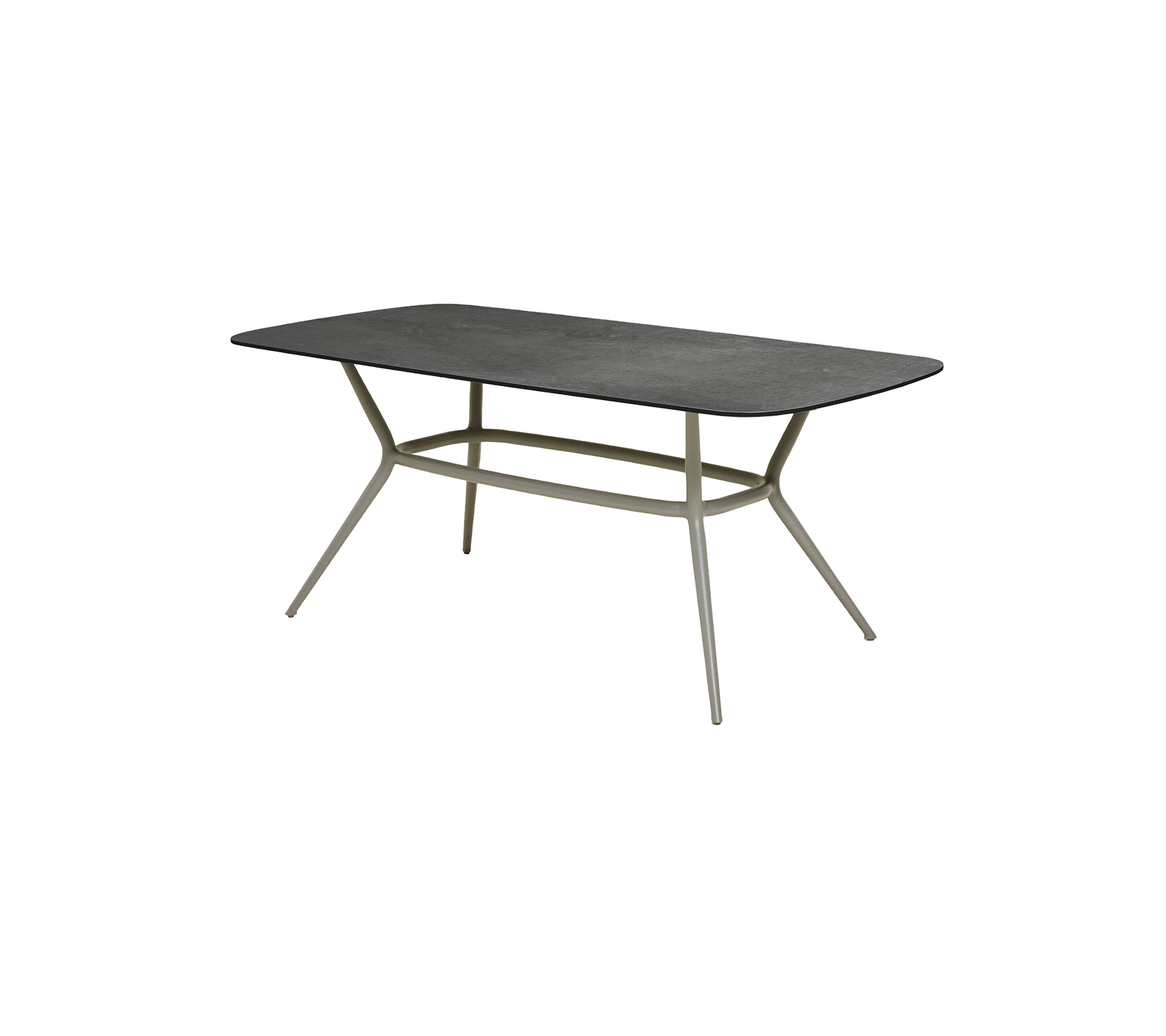 Modern rectangular table with a sleek dark surface and stylish, angled legs for a contemporary look. Ideal for various settings.