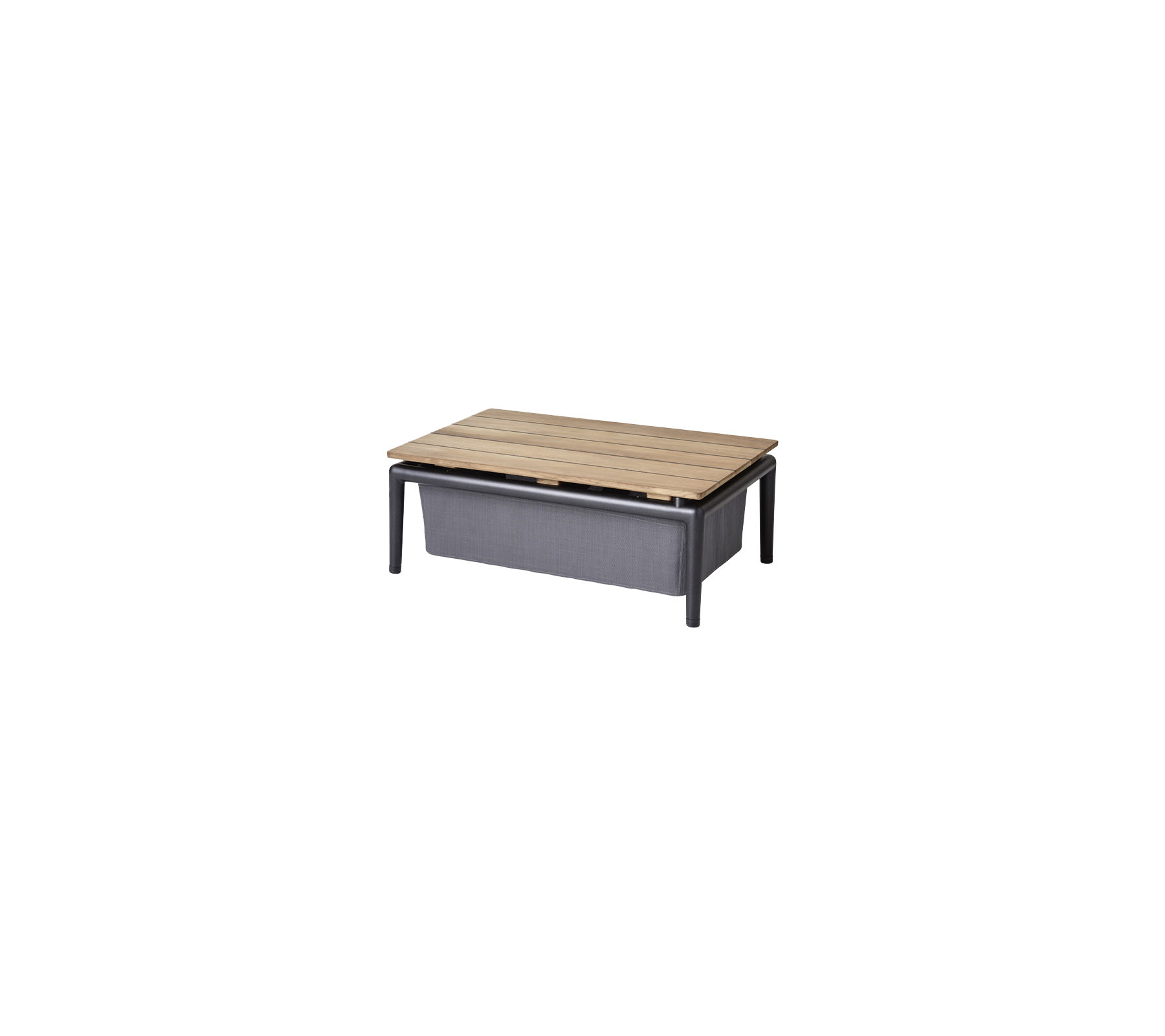 Coffee table with a wooden top and a storage compartment, featuring a minimalist design and contrasting colors.