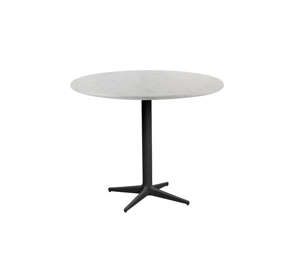 Modern grey round table with a sleek design.