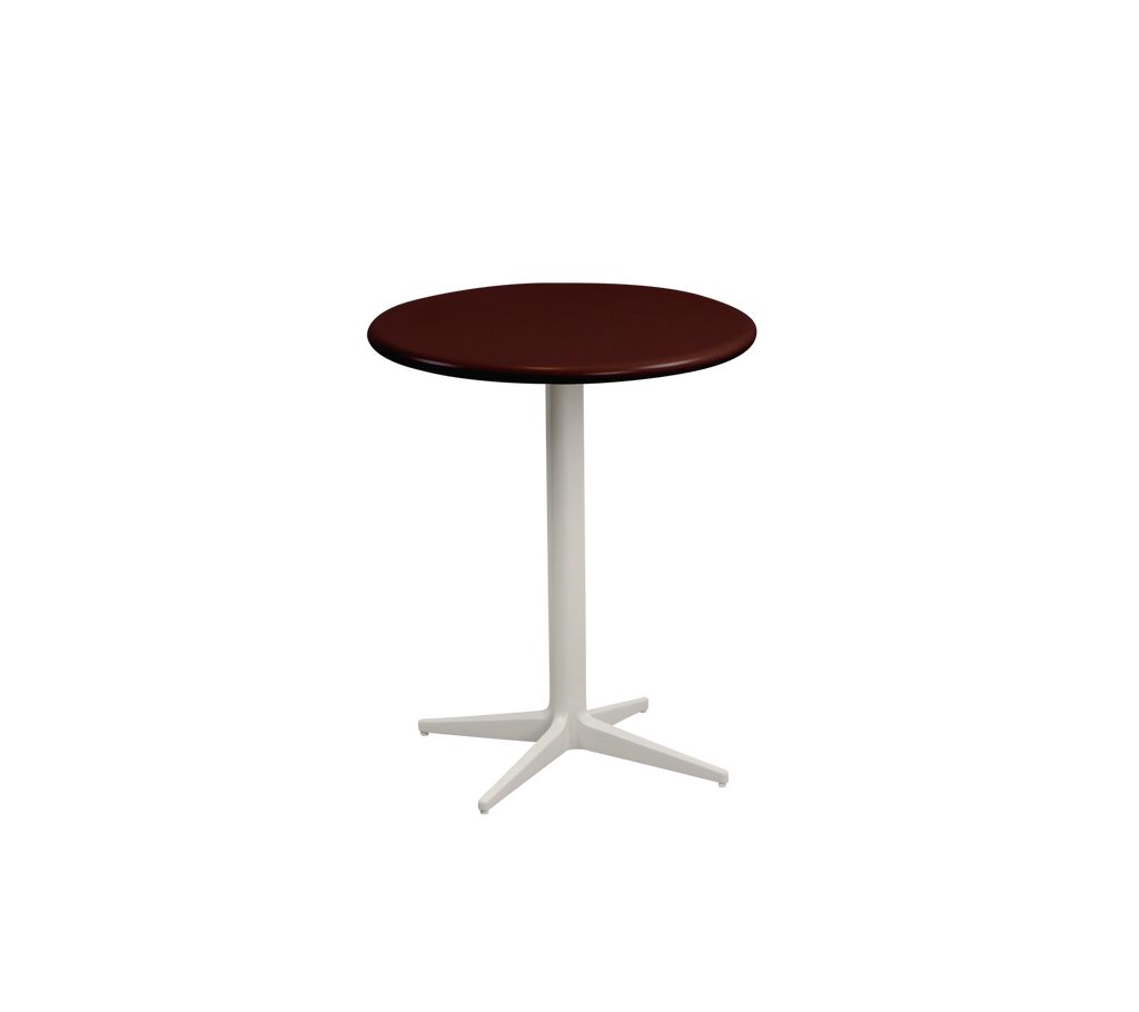 Burgundy round table with a white base.