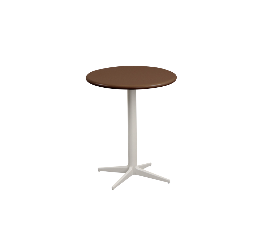 Round brown table with a white base.