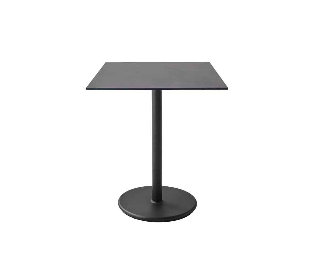 Square table with a sleek surface and a sturdy round base, designed for modern spaces and versatile use.