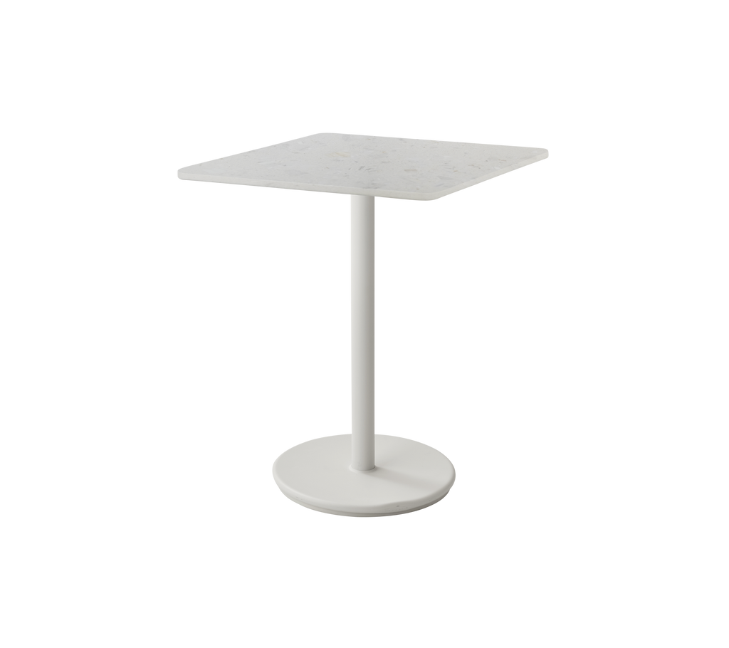Square white table with a circular base and slender pedestal.