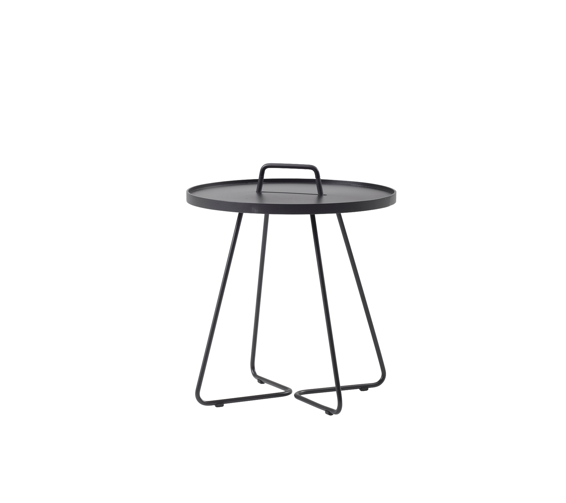 Black round table with a tray-like top and a minimalist wire base, designed for versatility and style.