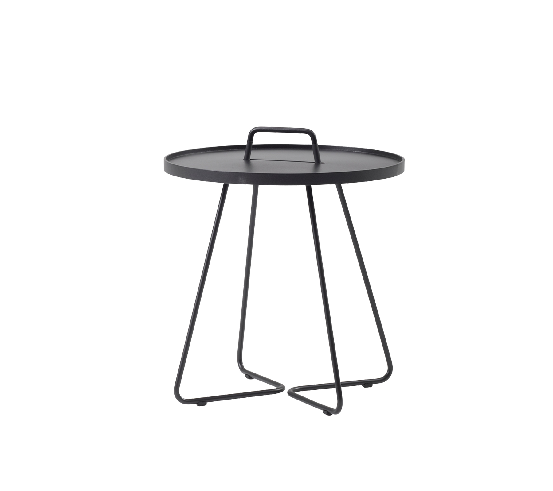 Round black table with a flat surface and a handle, supported by a stylish wire base. Ideal for versatile usage in various settings.