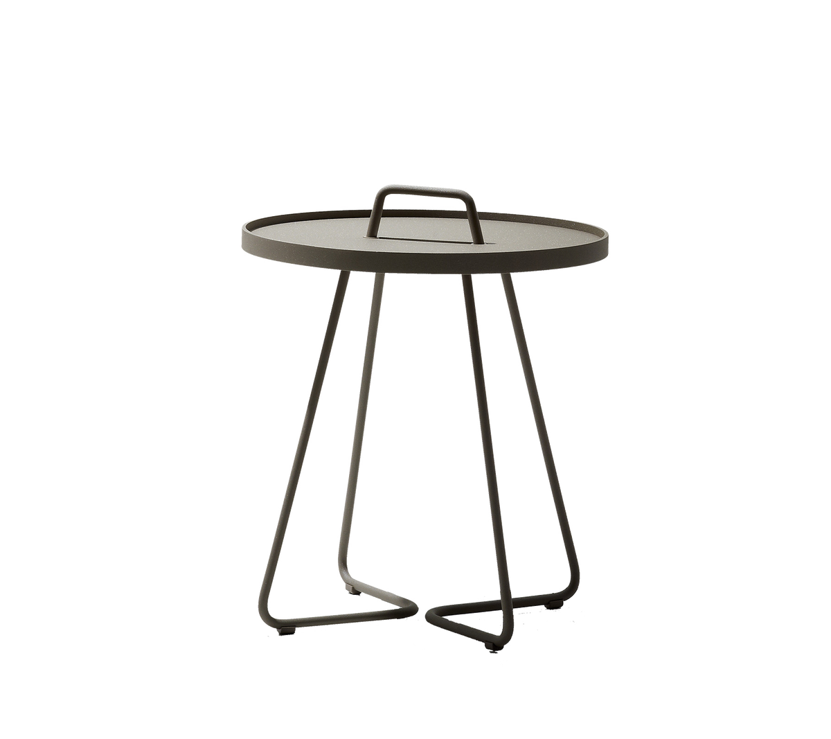 Round table with a sleek design, featuring a carrying handle and a minimalist base. Perfect for any modern setting.