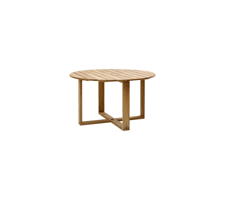 Round wooden coffee table with slatted top and a unique geometric base, showcasing a natural finish and contemporary design.