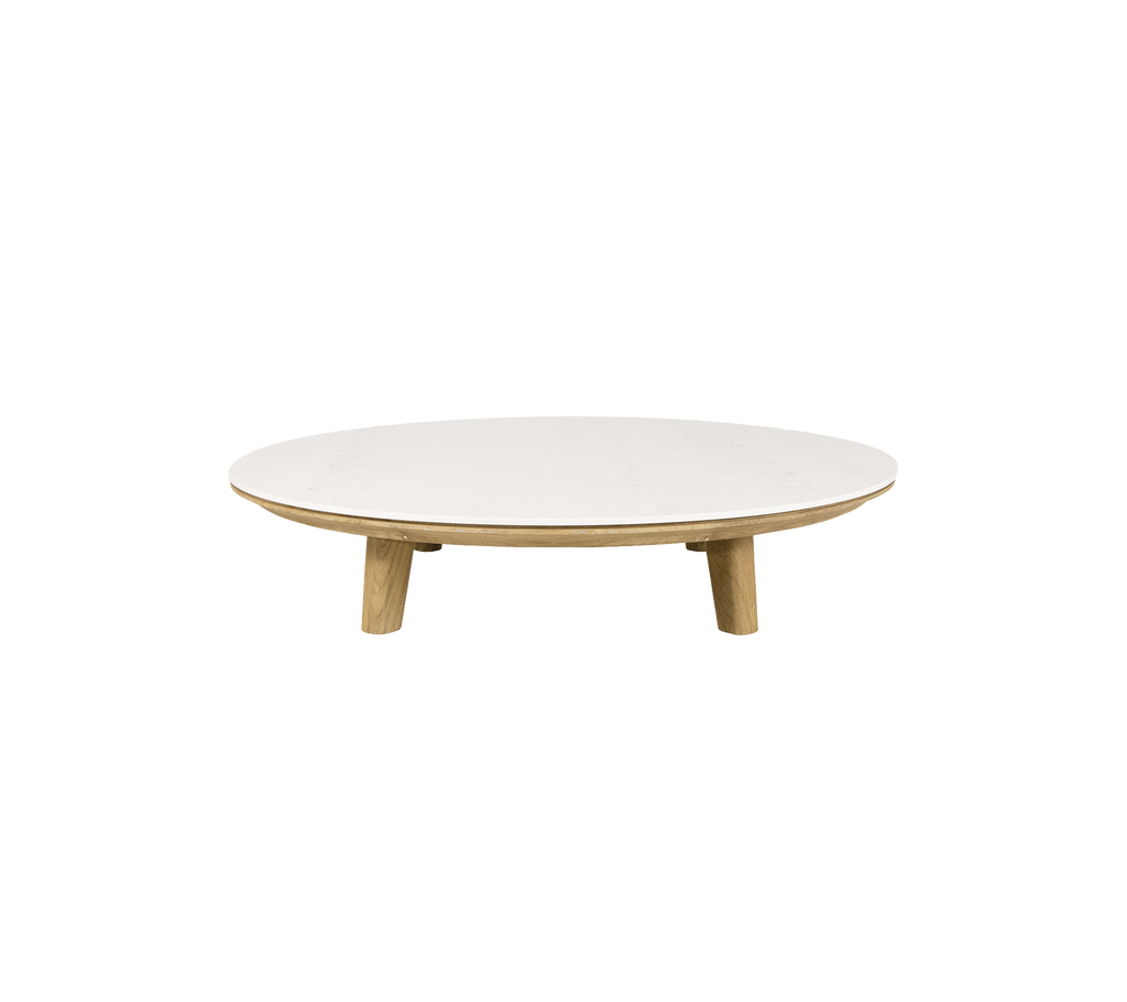 Round coffee table with a sleek white top and natural wood legs, designed for a modern aesthetic.