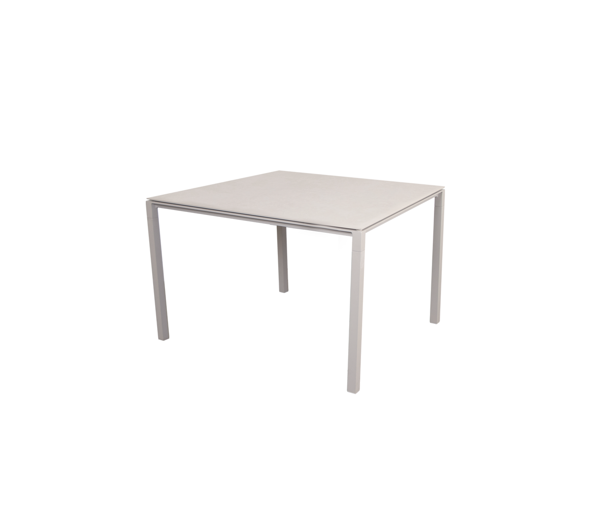 Square table with a sleek, minimalist design, featuring a flat surface and four sturdy legs, suitable for various settings.