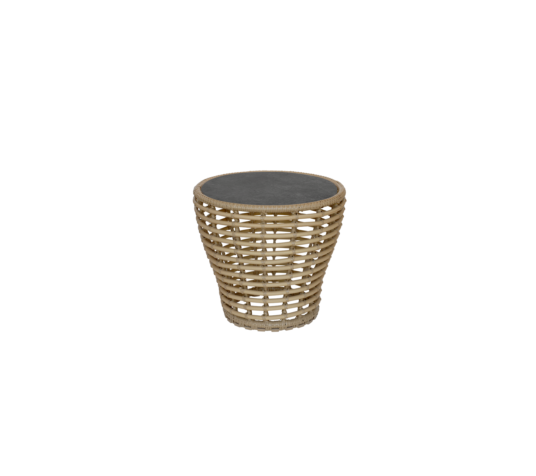A stylish round side table featuring a woven design with a dark top, perfect for adding a modern touch to any space.