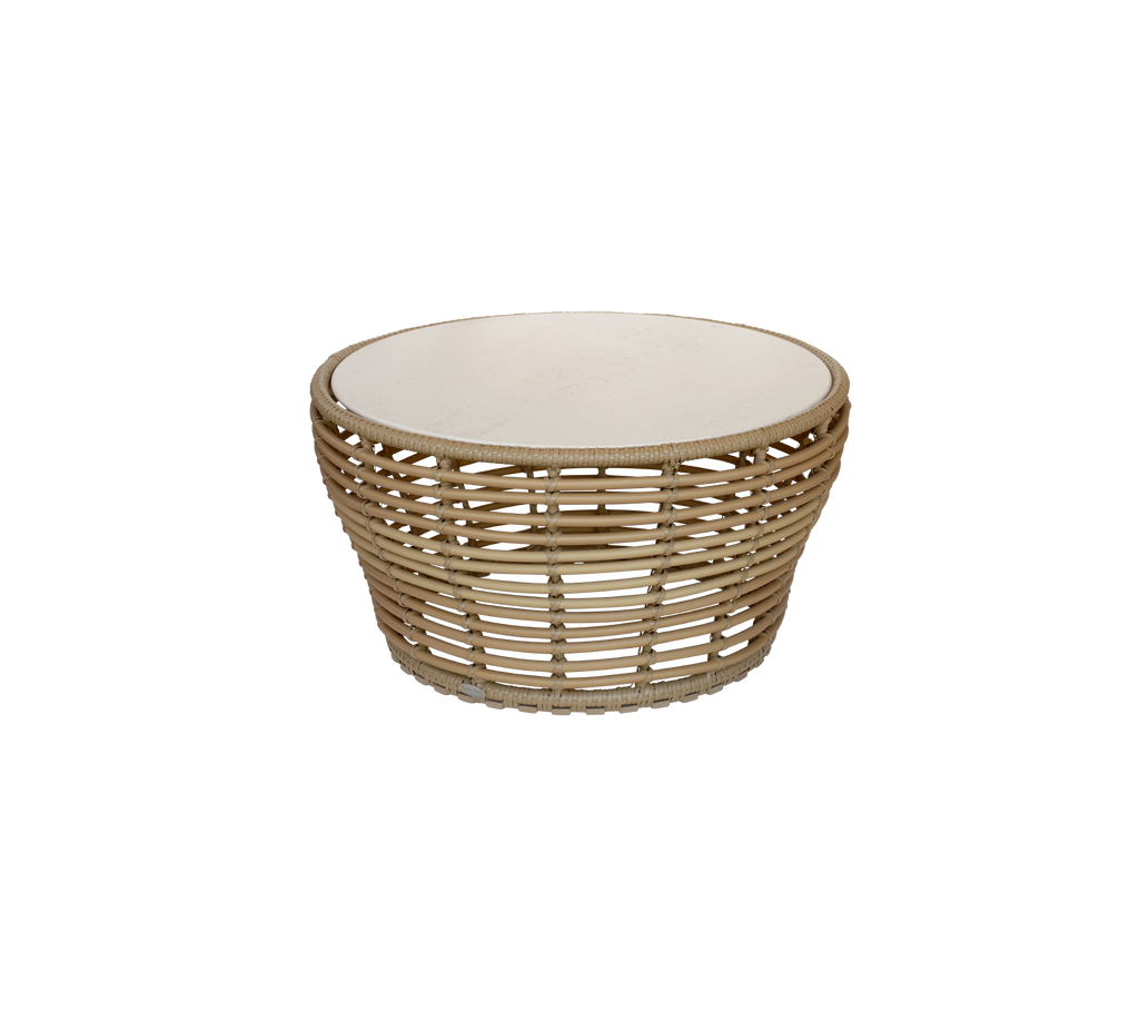 Round woven basket with a smooth, flat white top surface, featuring a natural, light-colored finish that adds a stylish touch.