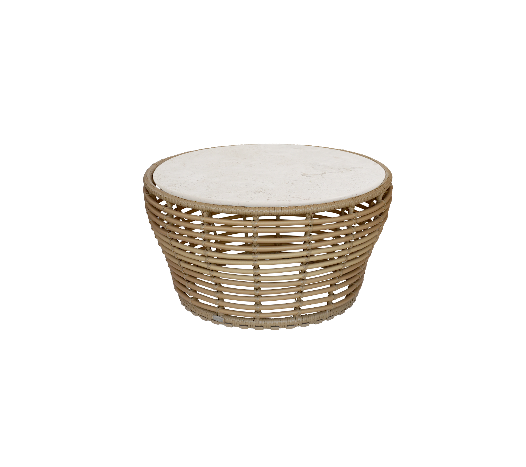 Round table with a natural finish and a light-colored top.