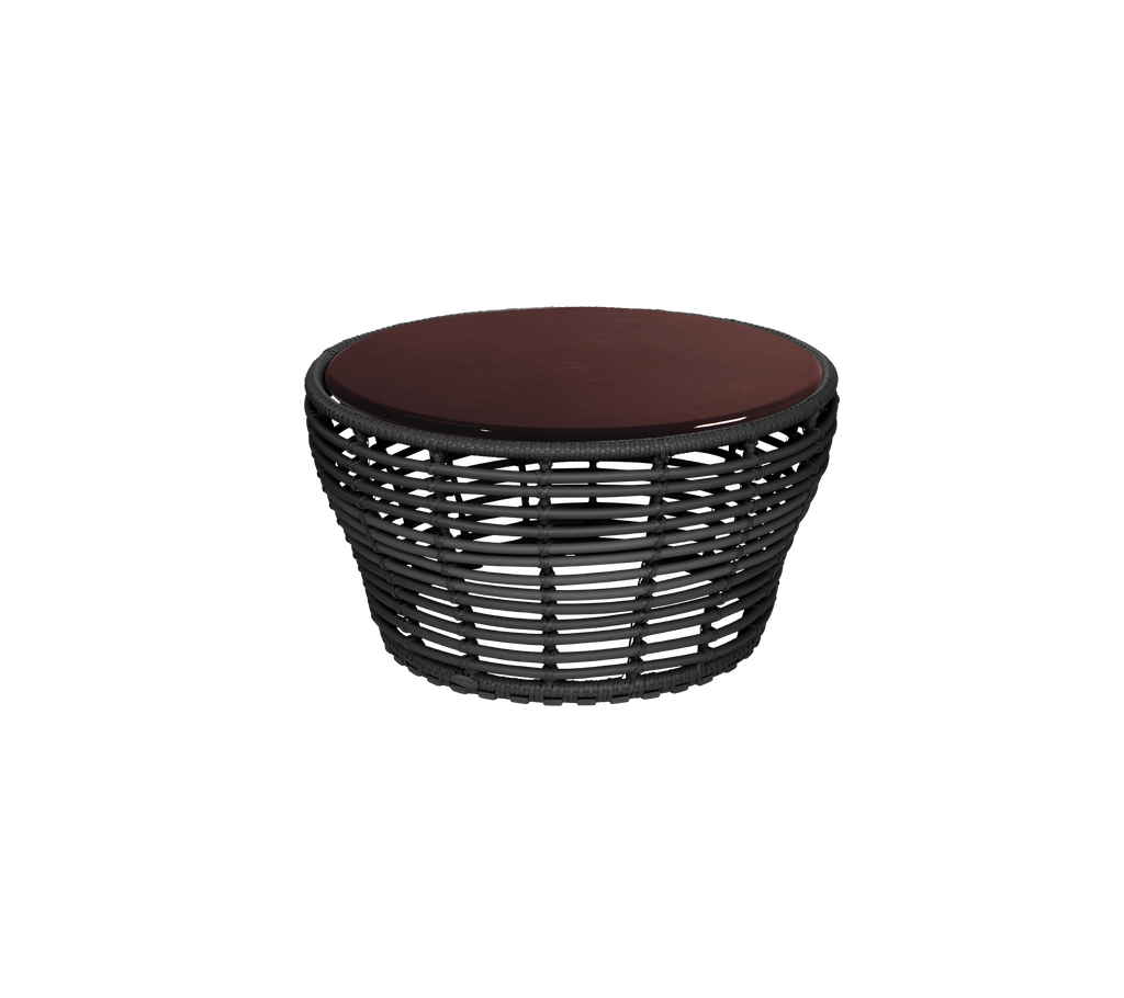 Round table with a burgundy top and graphite base.
