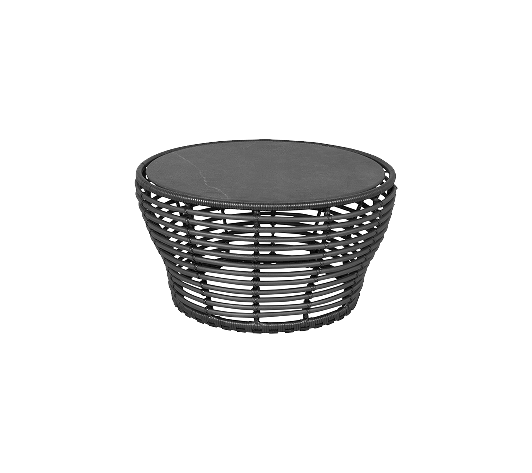 Round woven accent table with a smooth top, featuring a stylish black finish and a unique basket-like design. Perfect for versatile decor.