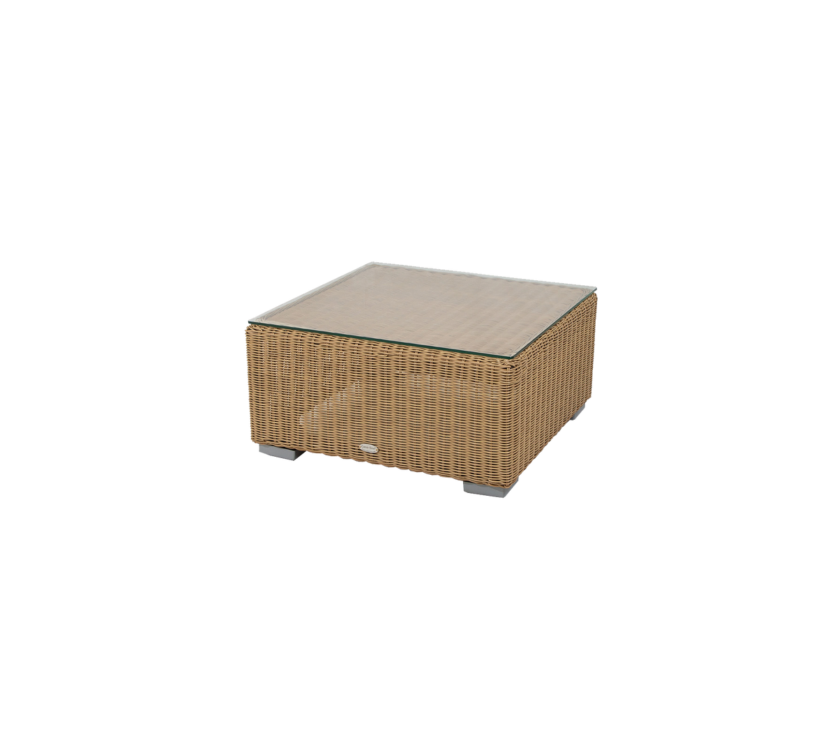 Square coffee table with a woven design and a glass top, ideal for stylish decor in various settings.