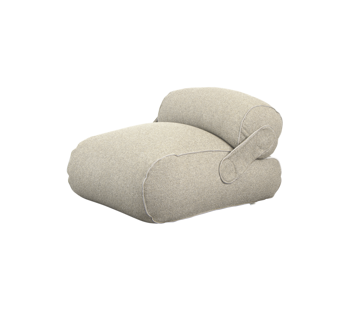 Cozy, modern cushion with a rounded design and side armrest, upholstered in a soft, light fabric for comfort and style.