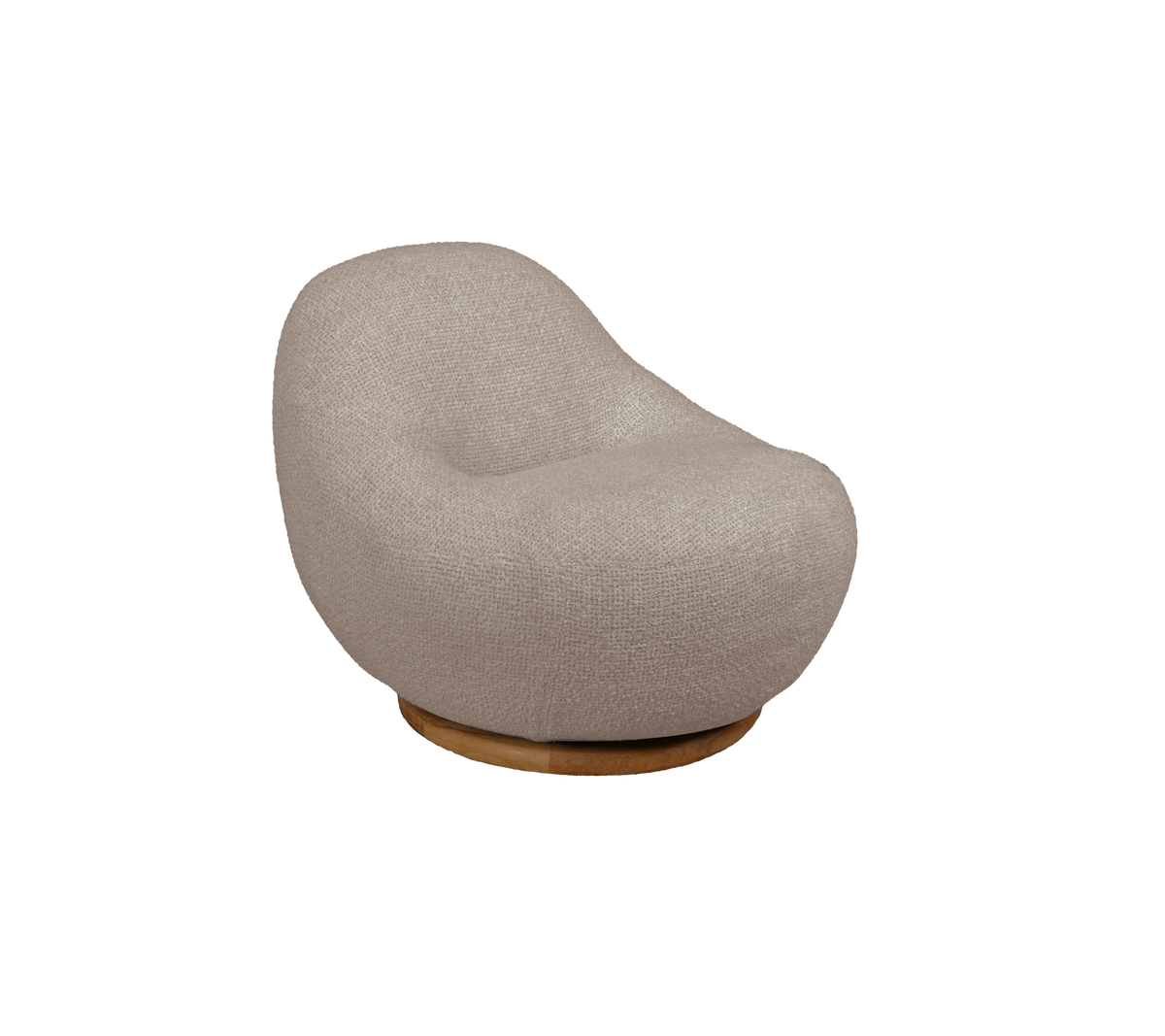 Beige rounded chair with a wood base in a modern design.