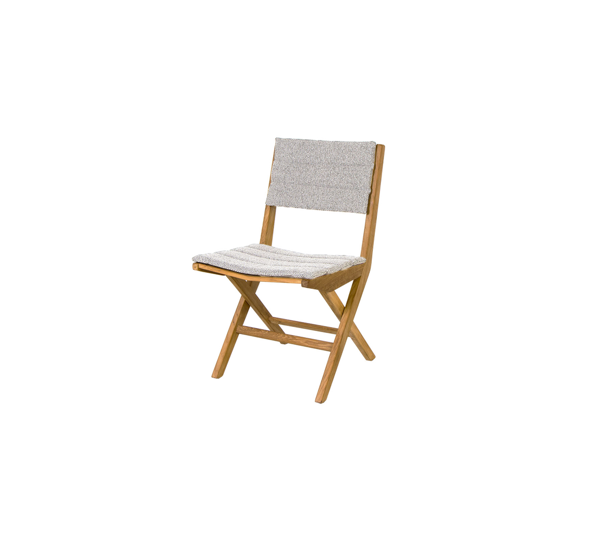 Folding chair with a wooden frame and a textured fabric seat and backrest, combining functionality and style for versatile use.