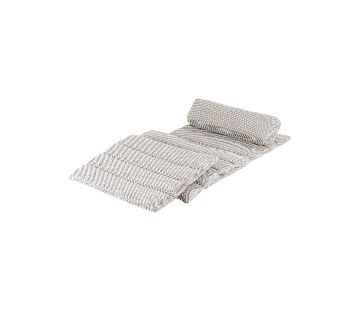 Light gray cushioned mat with a rolled end and multiple horizontal folds for added comfort. Ideal for lounging or relaxation.