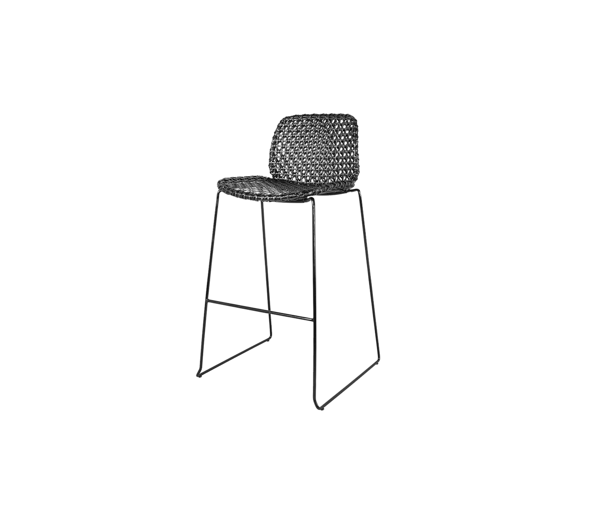 Stylish high chair with a woven seat and a sleek metal frame, perfect for adding modern elegance to any space.
