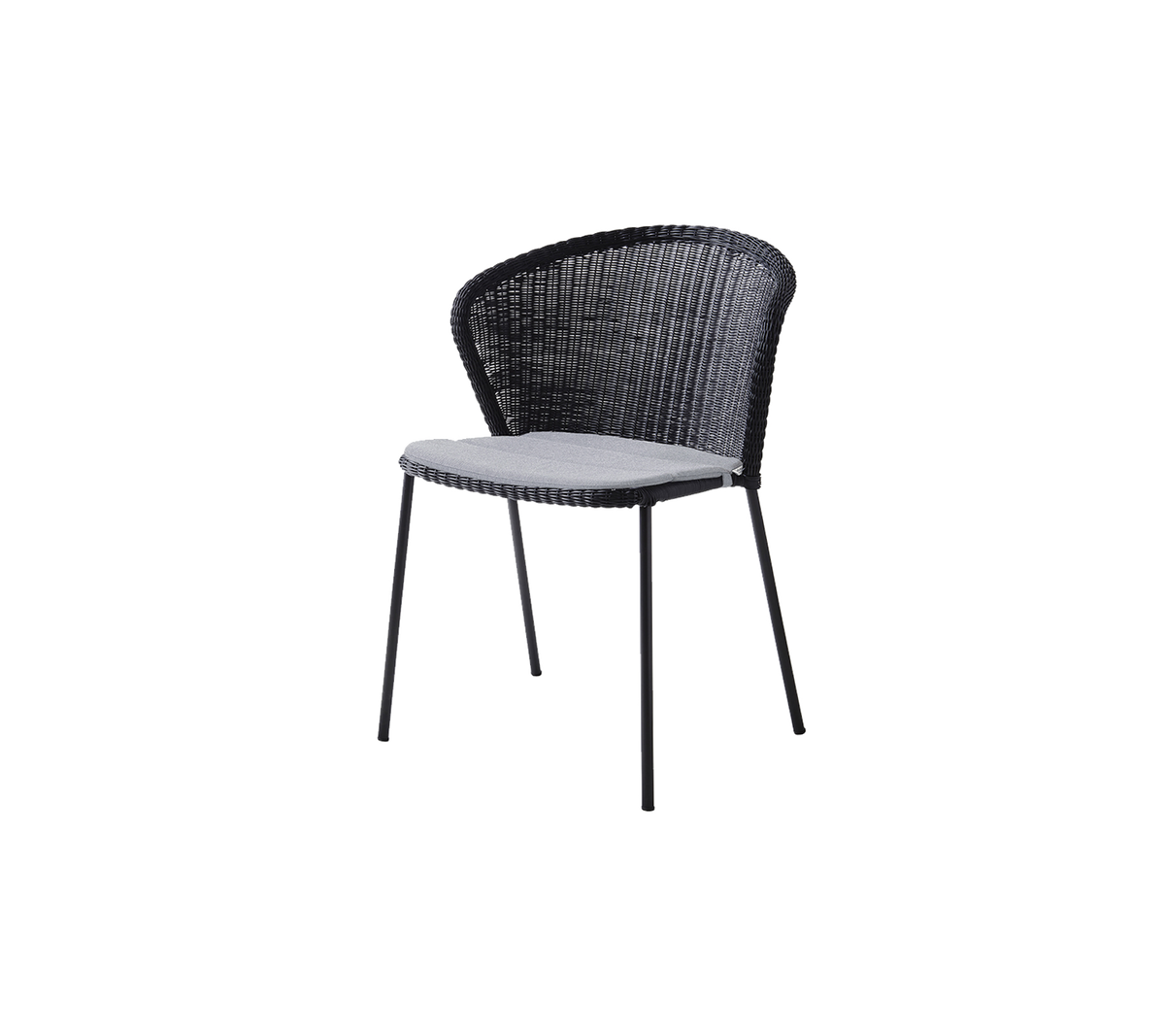 Stylish black chair with a woven design and a comfortable light-colored seat. Ideal for modern decor and casual seating.