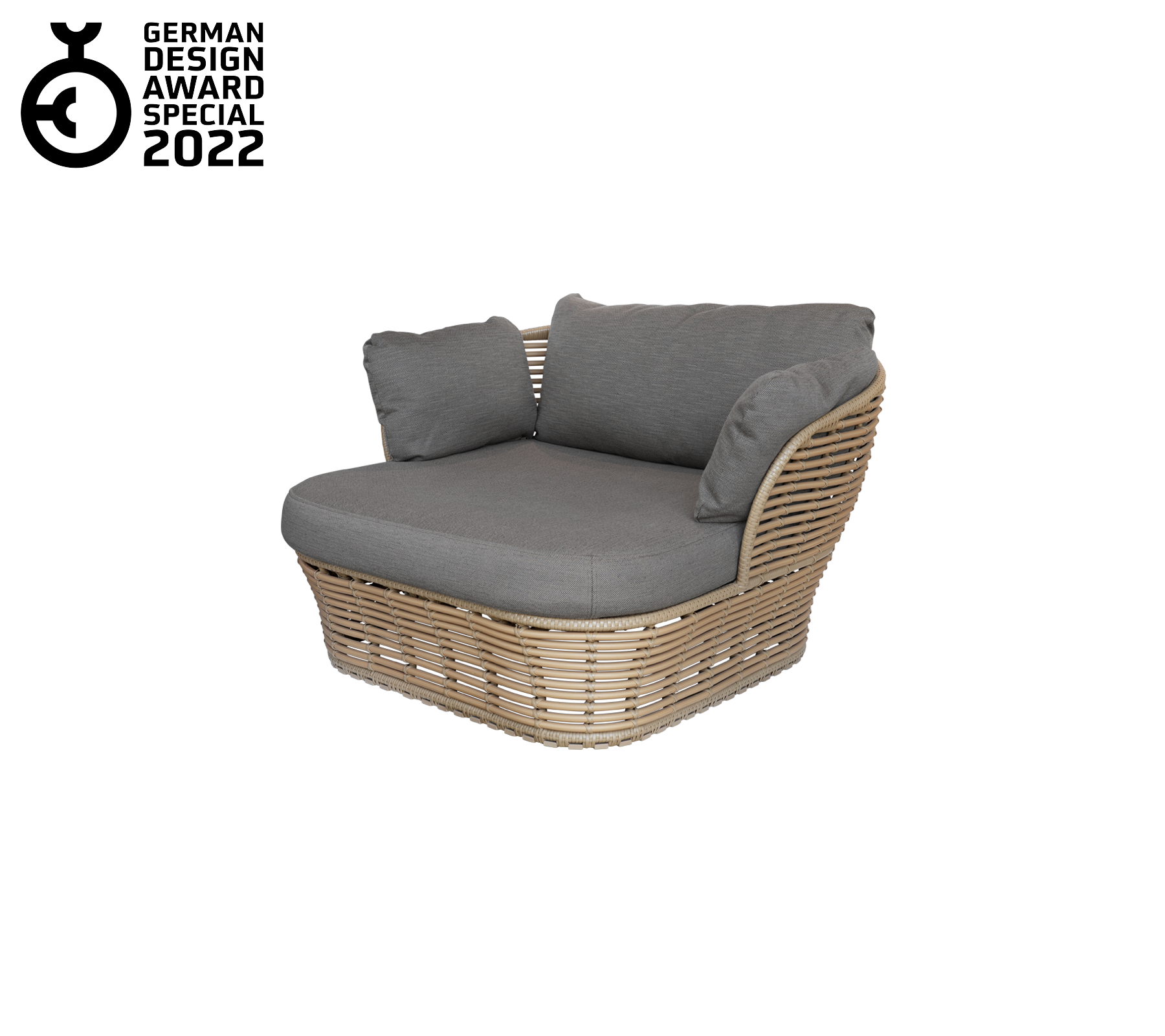 Stylish lounge chair with a woven rattan frame, featuring plush gray cushions for comfort and relaxation.