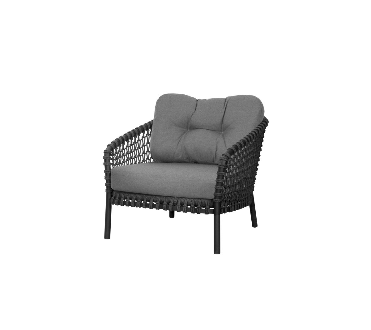 Stylish armchair with a woven design and plush gray cushions, offering comfort and elegance for various settings.