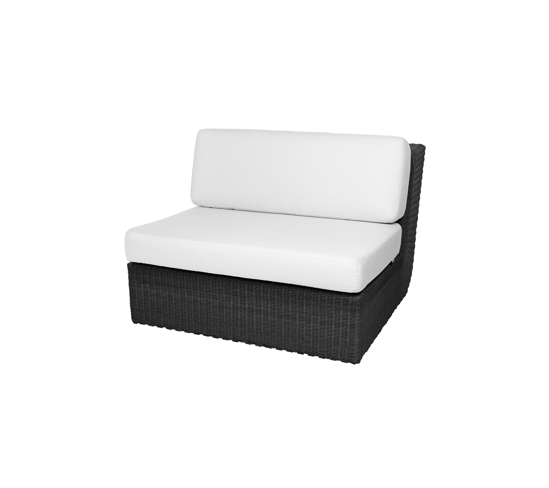 Black wicker lounge chair with a white cushion, designed for comfort and style in relaxation spaces.