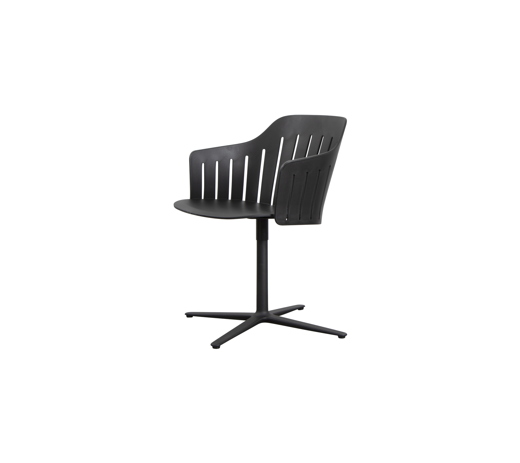 Stylish black chair with a curved back, slatted design, and a four-legged base for modern seating.