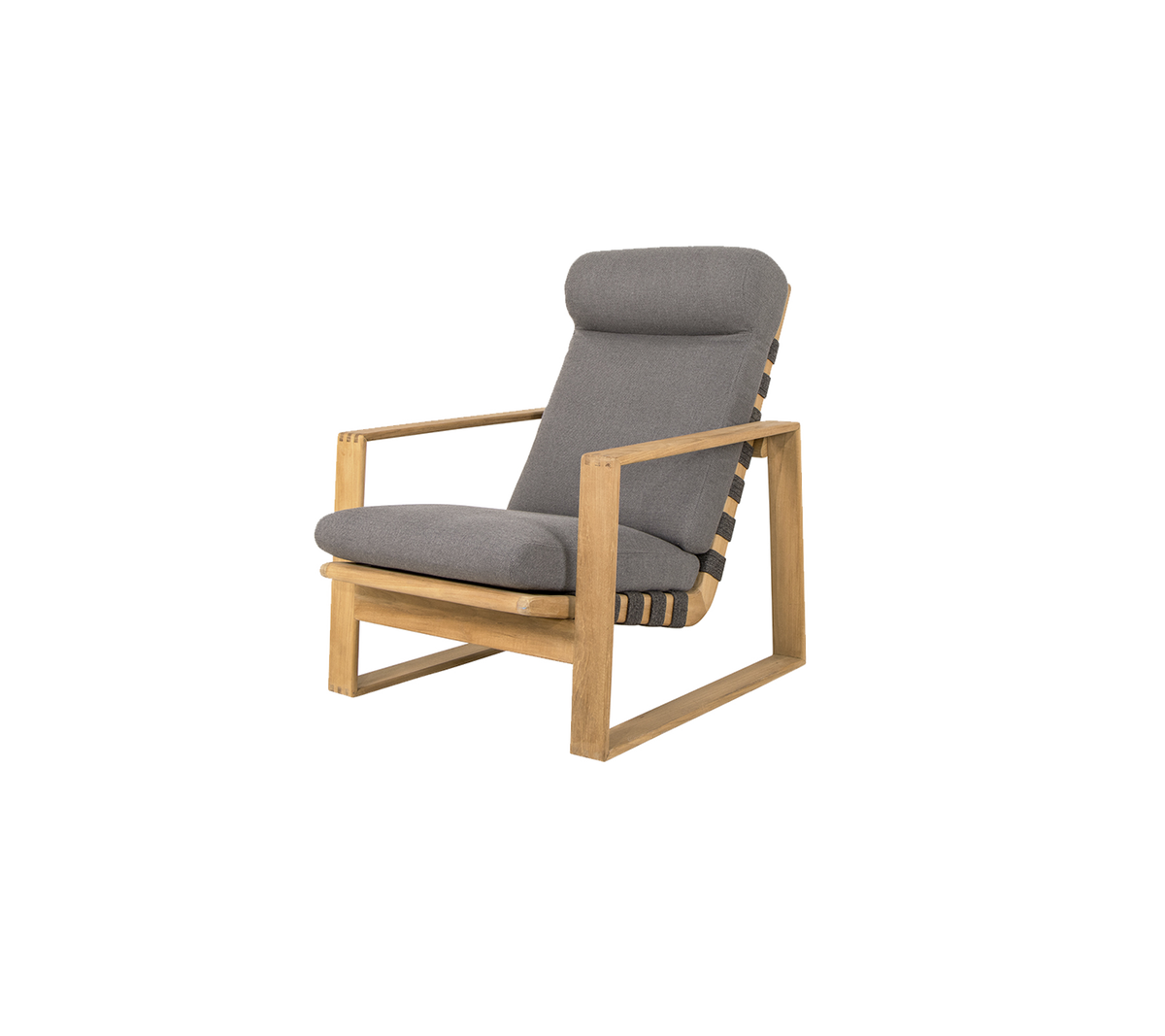 Stylish chair featuring a wooden frame and comfortable gray cushions, perfect for relaxation and modern decor.