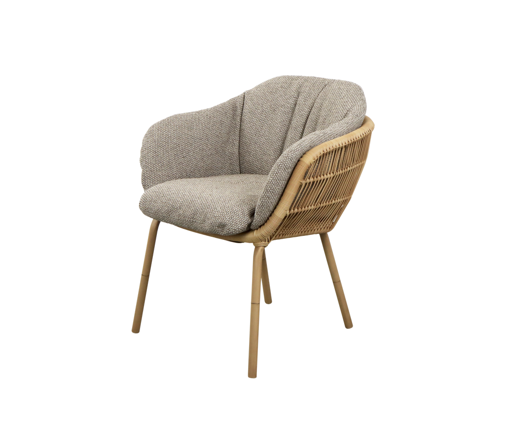 Modern chair with light brown fabric and natural frame.