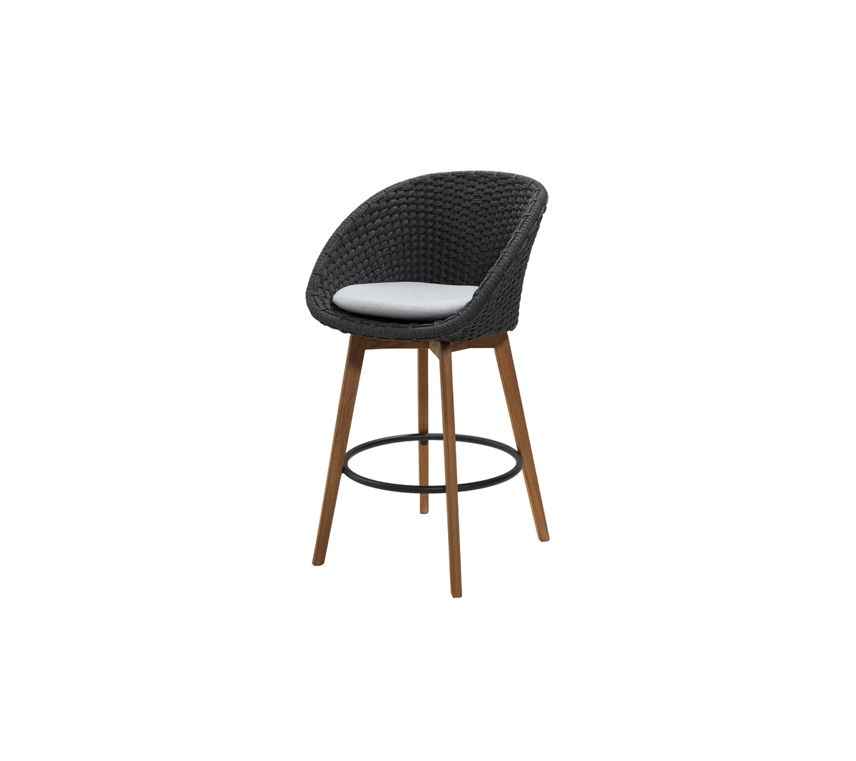 Stylish bar stool with a curved seat in black woven material, complemented by natural wooden legs and a comfortable cushion.